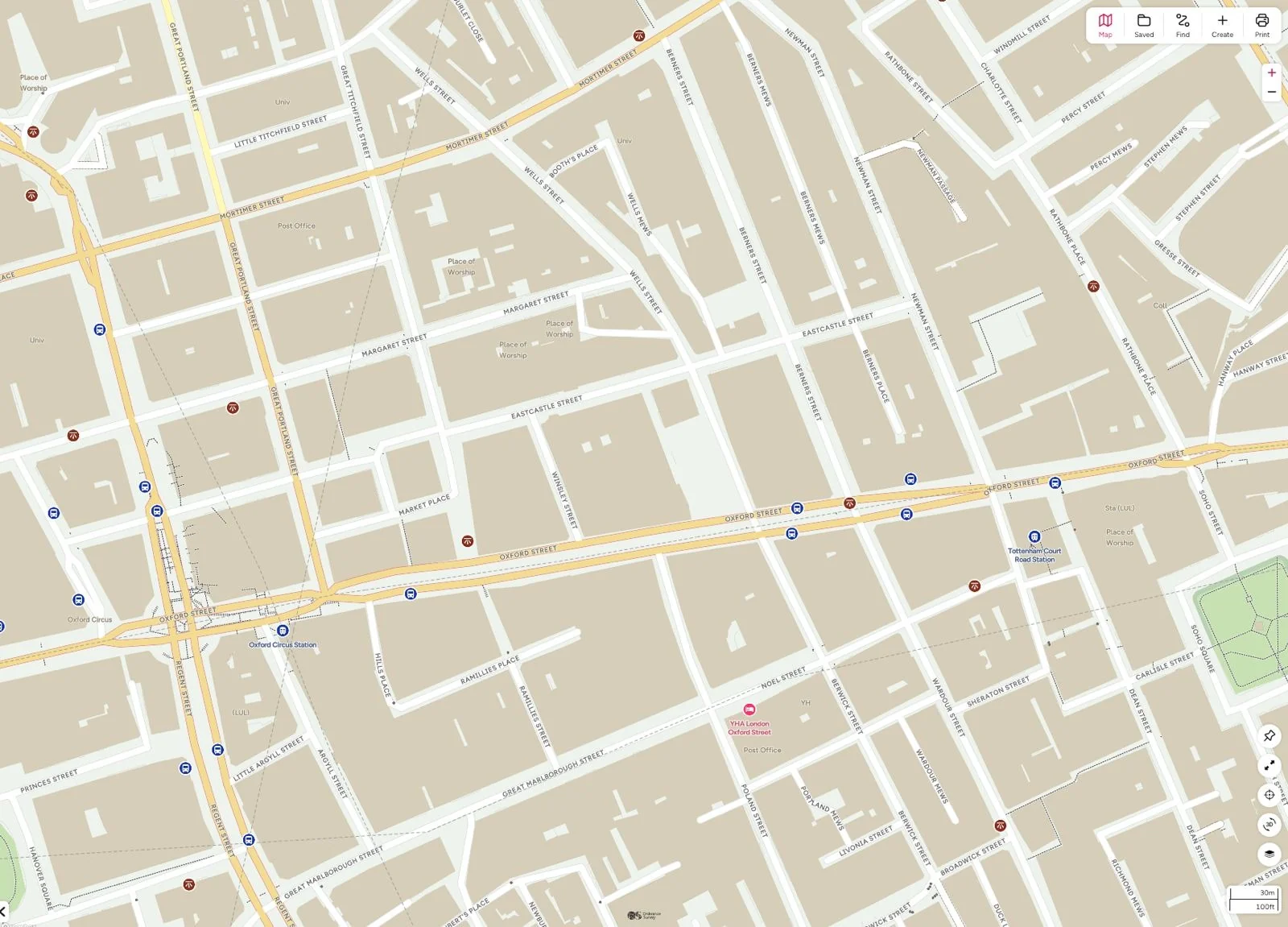 Map around Oxford Street and Winsley Street in London